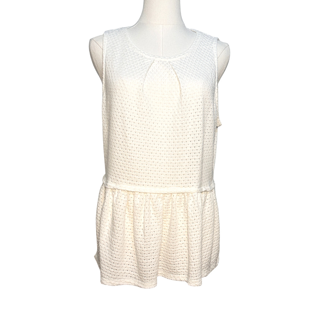 Elle Ivory Sleeveless Peplum Honeycomb Pattern Open Knit Tank Top Large Boho